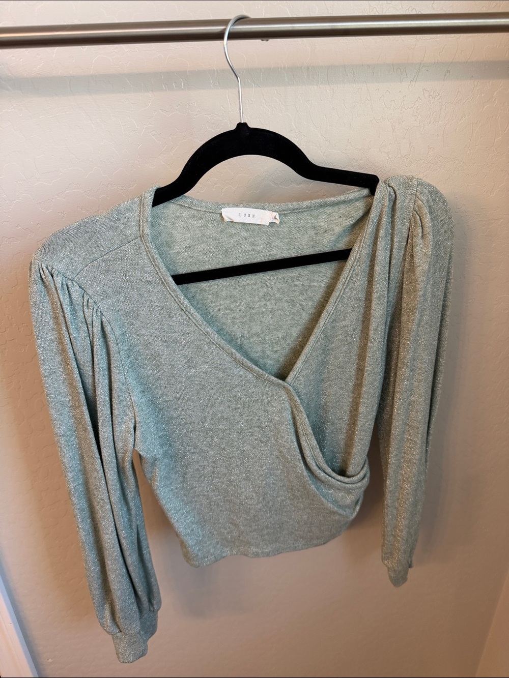 Sparkly Sage Green Draped Wrap Long-Sleeve Top
